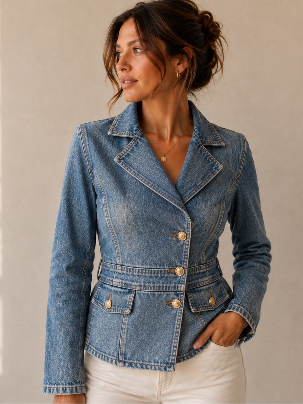 Tailored Denim Peplum Jacket Gold Button Hourglass Blazer Size S